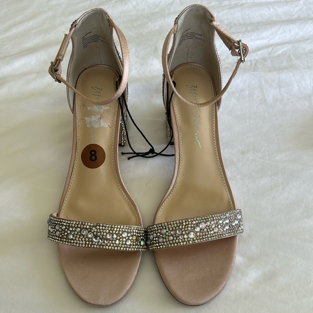 NEW Betsey Johnson satin crystal embellished mid block heels.